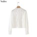 Vadim women loose white lace short blouse petal sleeve hollow out see through shirts female oversized solid chic tops LA868