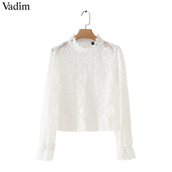 Vadim women loose white lace short blouse petal sleeve hollow out see through shirts female oversized solid chic tops LA868