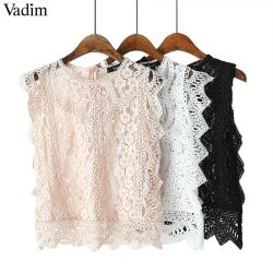 Vadim women sweet lace crop top sleeveless O neck transparent blouse female hollow out short stylish shirts blusas WA242