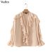 Vadim women sweet ruffled chiffon blouse V neck long sleeve cute female casual fashion blue shirt stylish tops blusas LA855