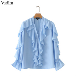 Vadim women sweet ruffled chiffon blouse V neck long sleeve cute female casual fashion blue shirt stylish tops blusas LA855