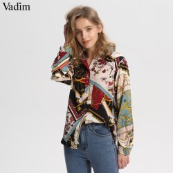 Vadim women vintage Geometric pattern blouses long sleeve turn down collar pleated shirts female casual wear chic tops LA293