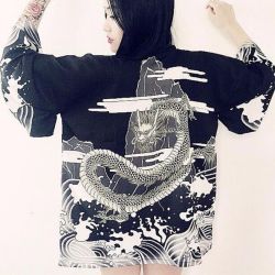 Vintage Japanese Harajuku Style Blouse Waves and Wind Dragon Shirts Japanese kimono Print Chiffon Cardigan