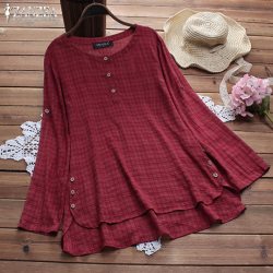 Vintage Tunic Top Women Plaid Blouse Female Long Sleeve Button Shirt Chemise Asymmetrical Hem Blouse Casual Blusas Plus Size 5XL