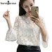 White Lace Blouse Women Shirt 2019 Summer Korean Style Flare Sleeve O-Neck Hollow Out Casual Ladies Lace Tops blusa feminina