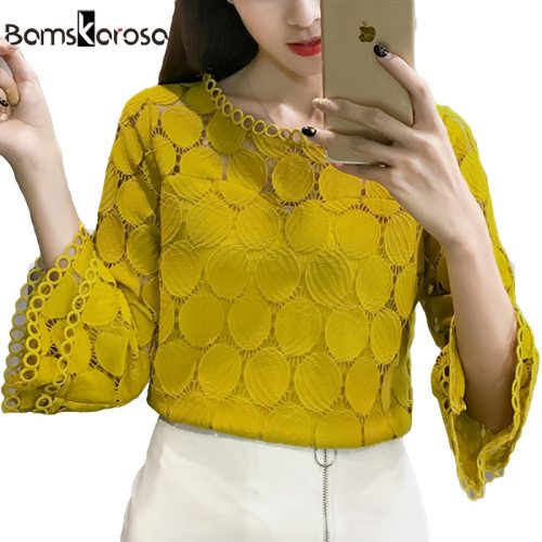 White Lace Blouse Women Shirt 2019 Summer Korean Style Flare Sleeve O-Neck Hollow Out Casual Ladies Lace Tops blusa feminina