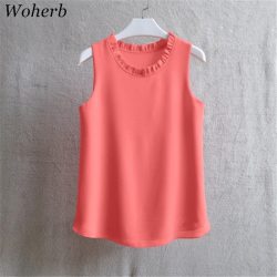 Woherb 21 Colors Solid Ruffle Chiffon Blouse Women 2019 Summer Fashion Vest Blusas Casual Loose Sleeveless Ladies Tops Shirt