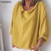 Womdee Women Tops Blouses 2019 Summer Casual Full-quarter Sleeve Solid Lapel Linen Blouse Female Shirts Blouse Plus Size