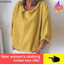 Womdee Women Tops Blouses 2019 Summer Casual Full-quarter Sleeve Solid Lapel Linen Blouse Female Shirts Blouse Plus Size