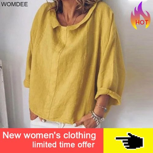 Womdee Women Tops Blouses 2019 Summer Casual Full-quarter Sleeve Solid Lapel Linen Blouse Female Shirts Blouse Plus Size