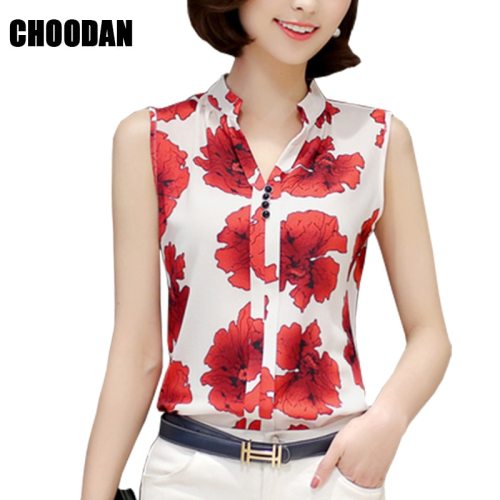 Women Blouses And Shirts 2018 Summer Korean Elegant Sleeveless Flower/Butterfly/Plaid Print Shirt Ladies Tops Female Clothing