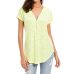 Women Blouses Short Sleeves Loose Fitting Zip Up V Neck Shirt Blouse Tops Tunic Casual Cotton Blended Summer