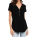 Women Blouses Short Sleeves Loose Fitting Zip Up V Neck Shirt Blouse Tops Tunic Casual Cotton Blended Summer