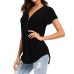 Women Blouses Short Sleeves Loose Fitting Zip Up V Neck Shirt Blouse Tops Tunic Casual Cotton Blended Summer