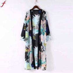 Women Boho Floral Printed Long Blouse Loose Shawl Kimono Cardigan Boho Beach Cover up Shirt Outwear blusa mujer feminino#4