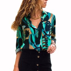 Women Chiffon Blouses Long Sleeve Turn Down Collar Office Shirt Geometric Print Blouse Loose Casual Tops Plus Size Chemise Femme