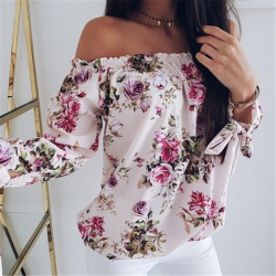 Women Off Shoulder Floral Blouse Shirt New Sexy Tops Lady Loose Flower Print Shirt Summer Fashion 3/4 Sleeve Slash Neck Clothes