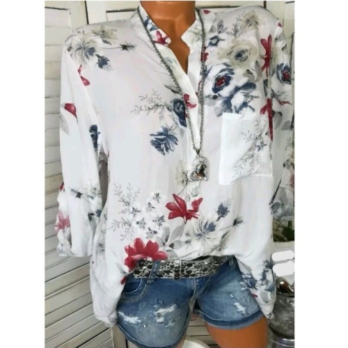 Women Shirts Autumn Casual V-Neck White Chiffon Blouse Women Top Camisa Feminina Long Sleeve Ladies Print Blouse Femme Shirt