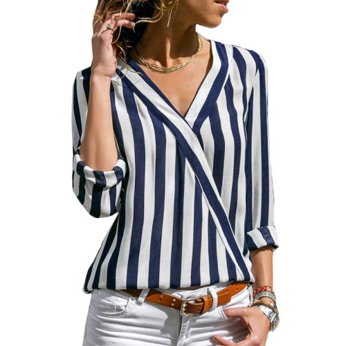 Women Striped Blouse Shirt Long Sleeve Blouse V-neck Shirts Casual Tops Blouse et Chemisier Femme Blusas Mujer de Moda 2019