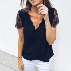 Women V Neck Lace  short  Sleeve Shirt  Blouse Top  women  summer blouse