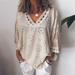 Women blouse Hollow Out  Lace Patchwork tops women plus size 5xl Geometry v-neck summer Shirt vrouw Blouse large sizeTops#G8