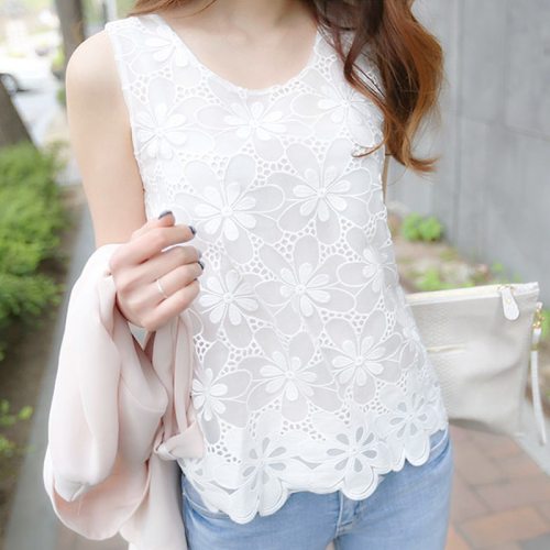 Womens Blouse Shirt Femininas Summer Tops and Blouses Lace Elegant Sleeveless Blusas Crochet Casual Holidays Plus Size Women