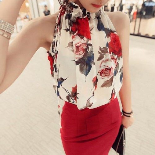 Women's Summer Blouses Floral Print Sleeveless Halter Necks Fashion Women Tops Loose Female Shirt Casual blusas femininas