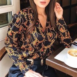 new fashion women password chain printed vintage blouse shirts female vogue high street criss-cross v neck blouses tops shirt