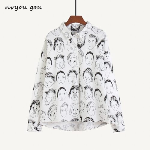 nvyou gou Fashion Character Printed Blouse Women Graffiti Blouses Streetwear  Turn Down Collar Long Sleeve Cotton Loose Shirt