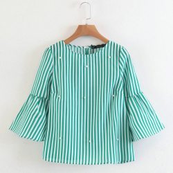 women elegant pearls beading striped shirt flare sleeve O neck blouse ladies summer brand casual tops blusas