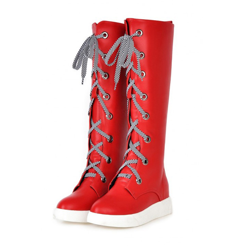 Fashion Spring Autumn  Round Toe Lace Up Flat Low Heel Red PU Knee High Boots