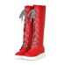 Fashion Spring Autumn  Round Toe Lace Up Flat Low Heel Red PU Knee High Boots