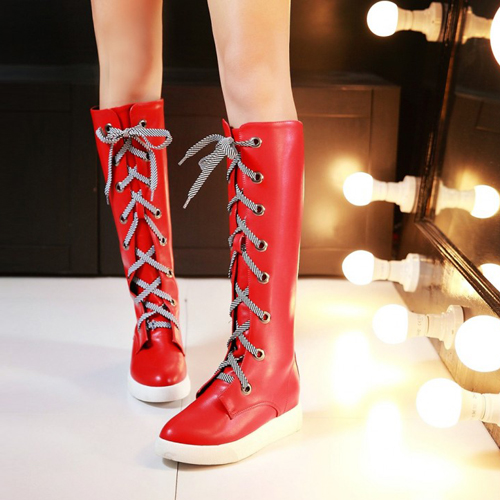 Fashion Spring Autumn  Round Toe Lace Up Flat Low Heel Red PU Knee High Boots