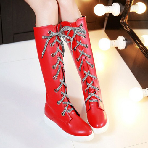 Fashion Spring Autumn  Round Toe Lace Up Flat Low Heel Red PU Knee High Boots