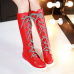Fashion Spring Autumn  Round Toe Lace Up Flat Low Heel Red PU Knee High Boots