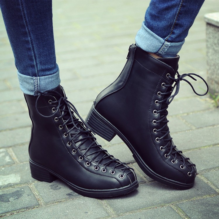 Spring Autumn Fashion Round Toe Lace-up Chunky Mid Heel Black PU Ankle Martens Boots