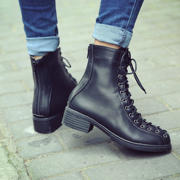 Spring Autumn Fashion Round Toe Lace-up Chunky Mid Heel Black PU Ankle Martens Boots