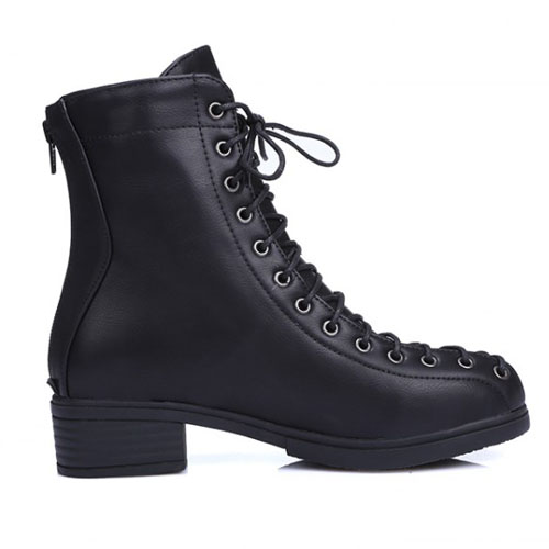 Spring Autumn Fashion Round Toe Lace-up Chunky Mid Heel Black PU Ankle Martens Boots