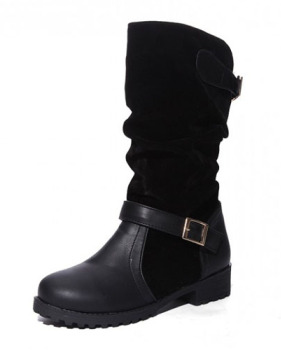 Spring Autumn  Round Toe Flat Mid Heel Black PU Slip On Mid Calf Buckle Cavalier Boots