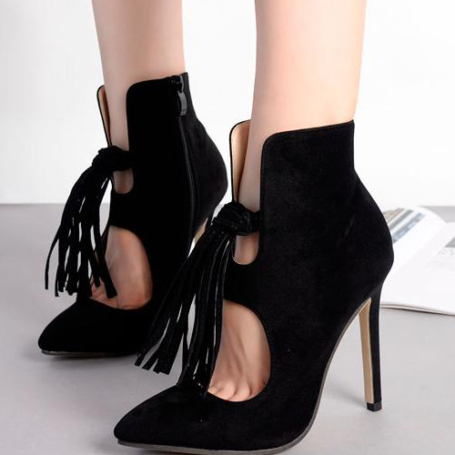 Stylish Pointed Closed Toe Tassel Design Stiletto Super High Heel Black PU Boots