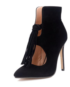 Stylish Pointed Closed Toe Tassel Design Stiletto Super High Heel Black PU Boots