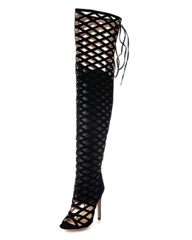 Stylish Pointed Peep Toe Hollow-out Stiletto Super High Heel Black Suede Over The Knee Boots