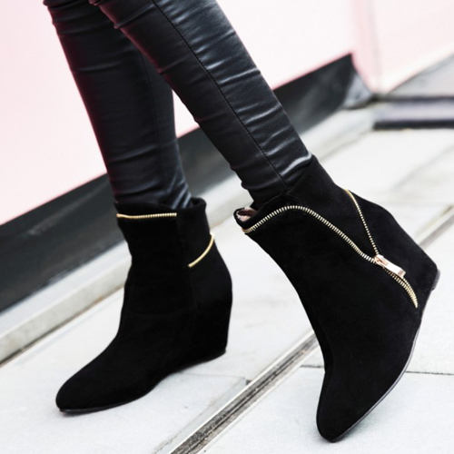 Trendy Pointed Closed Toe Zipper Design High Heel Black Suede Ankle Boots