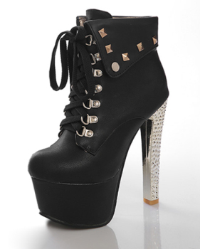 Trendy Round Toe Rivet Decorative Chunky Super High Heel Black PU Short Martin Boots