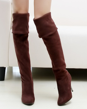 Winter Fashion Round Toe Slip on Stiletto High Heel Brown Suede Over the Knee Cavalier Boots