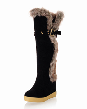 Winter Round Toe Patchwork Mid Heel Black Suede Mid Calf Feathers Snow Boots