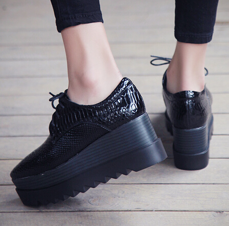 Casual Square Closed Toe Lace-up Platform Wedges High Heel Black PU Basic Pumps