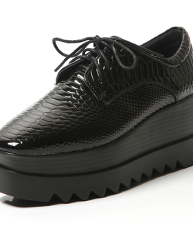 Casual Square Closed Toe Lace-up Platform Wedges High Heel Black PU Basic Pumps