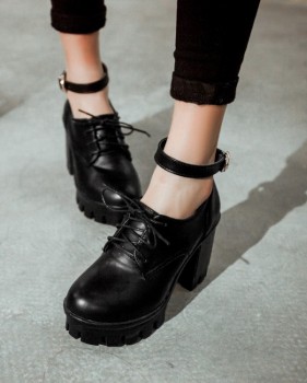 Cheap Fashion  Round Closed Toe Lace-up Chunky High Heels Black PU Pumps