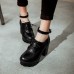 Cheap Fashion Round Closed Toe Lace-up Chunky High Heels Black PU Pumps Cheap Fashion Round Closed Toe Lace-up Chunky High Heels Black PU Pumps